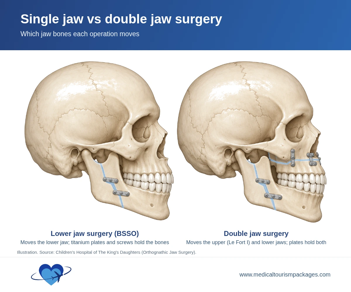 Side view of two skulls facing right. On the left, the lower jaw is split behind the teeth and held with small titanium plates and screws. On the right, the upper jaw is cut above the upper teeth and the lower jaw is split behind the teeth, and plates and screws hold both jaws.