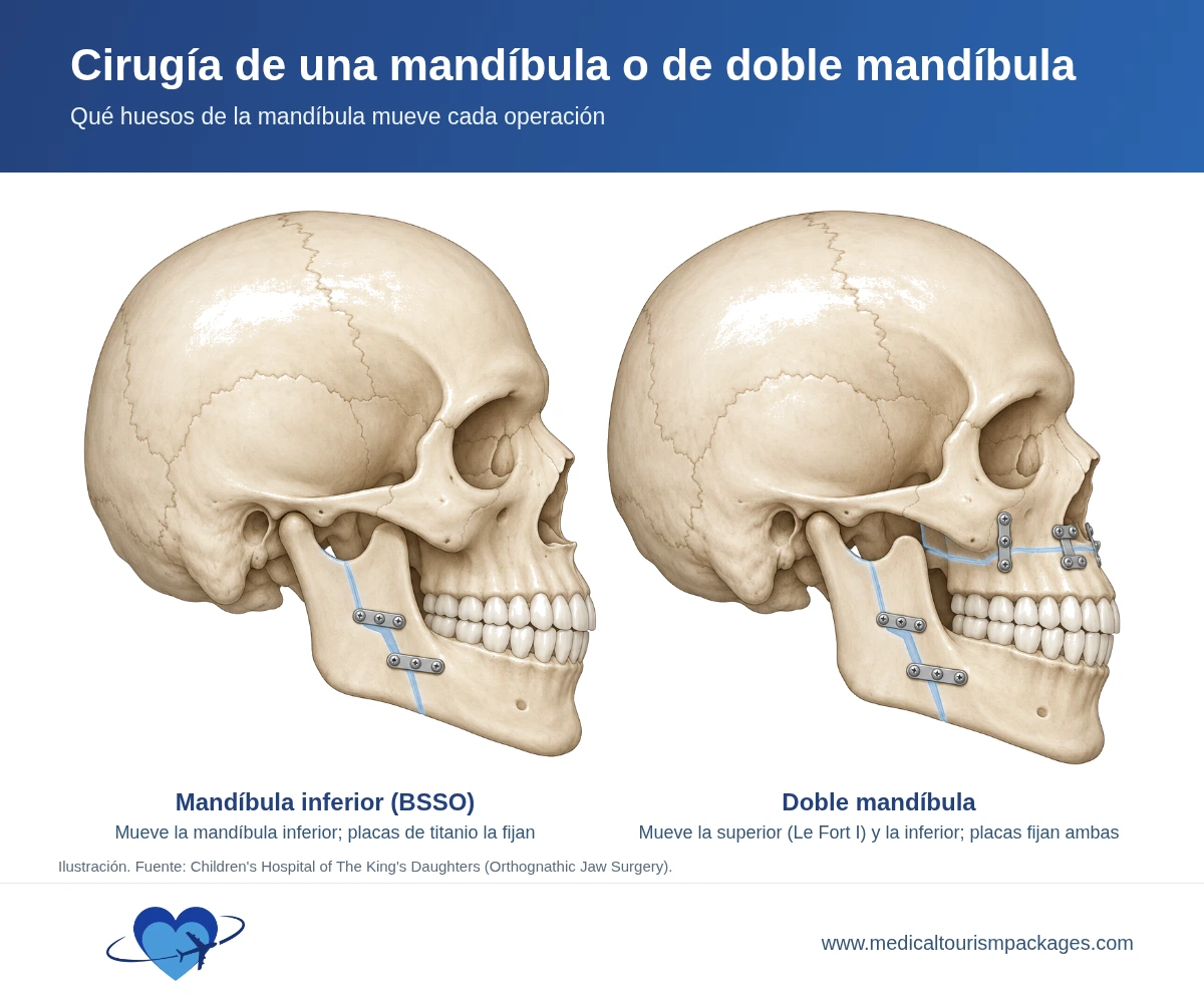 Vista lateral de dos cráneos que miran a la derecha. A la izquierda, la mandíbula inferior está dividida detrás de los dientes y sujeta con pequeñas placas y tornillos de titanio. A la derecha, la mandíbula superior está cortada sobre los dientes superiores y la inferior está dividida detrás de los dientes, y placas y tornillos sujetan ambas mandíbulas.