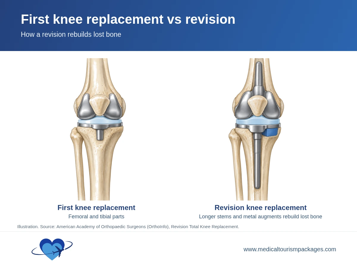 Diagram comparing a first knee replacement with a revision knee replacement that has longer stems in the femur and tibia and a metal augment block under the tibial tray.