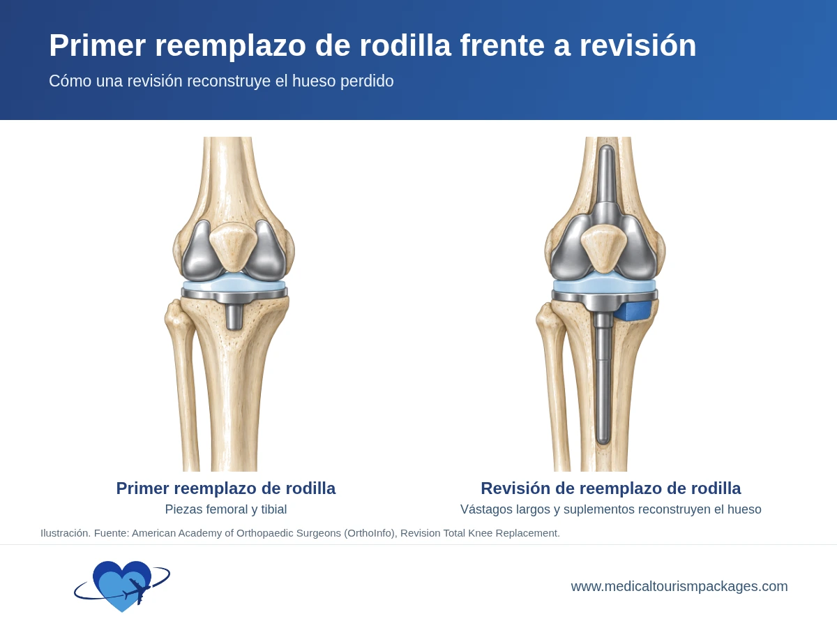 Diagrama que compara un primer reemplazo de rodilla con una revisión de reemplazo de rodilla que tiene vástagos más largos en el fémur y la tibia y un bloque de suplemento metálico bajo la bandeja tibial.