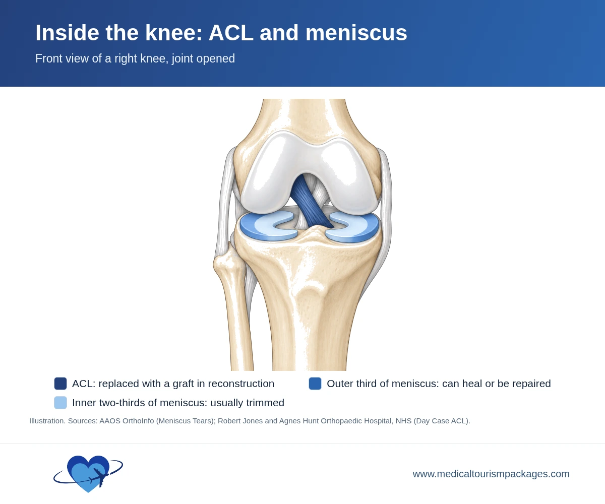 Front view of a right knee with the joint opened, showing the anterior cruciate ligament in navy and two C-shaped menisci in pale blue with a darker blue outer rim.