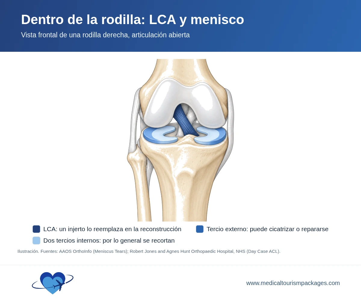 Vista frontal de una rodilla derecha con la articulación abierta, que muestra el ligamento cruzado anterior en azul marino y dos meniscos en forma de C en azul claro con un borde externo azul más oscuro.