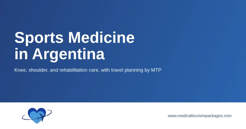 Sports medicine in Argentina title card covering knee and shoulder care, rehabilitation, and travel planning.