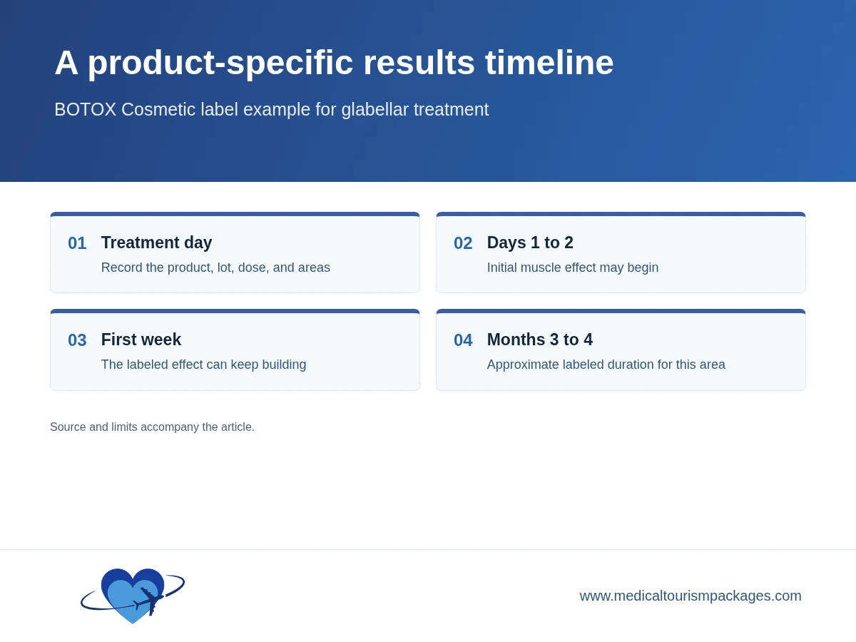 Product-specific BOTOX Cosmetic timeline from injection through follow-up and gradual fading.