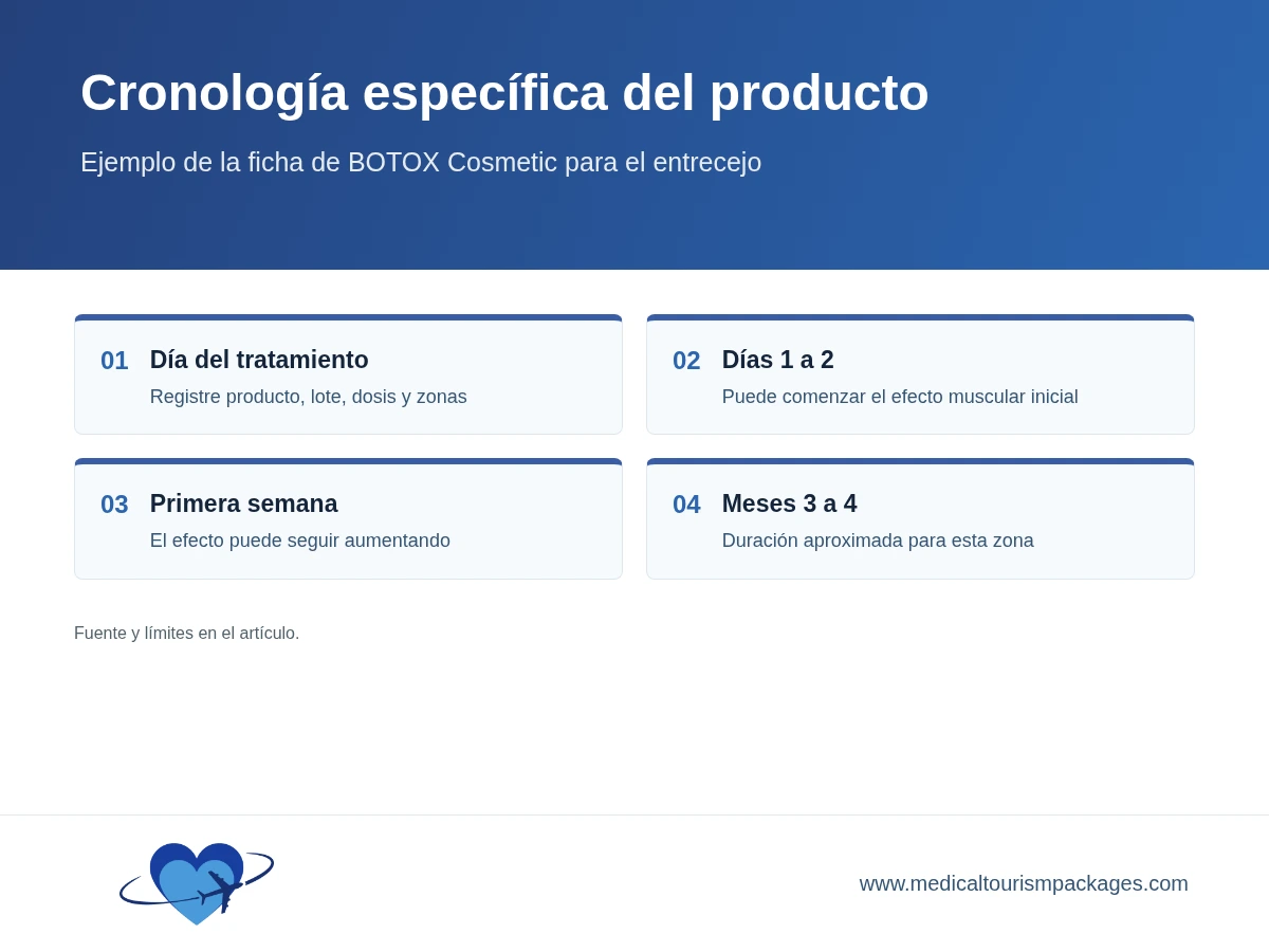 Cronología específica del producto BOTOX Cosmetic, desde la inyección hasta el seguimiento y la desaparición gradual de los efectos.