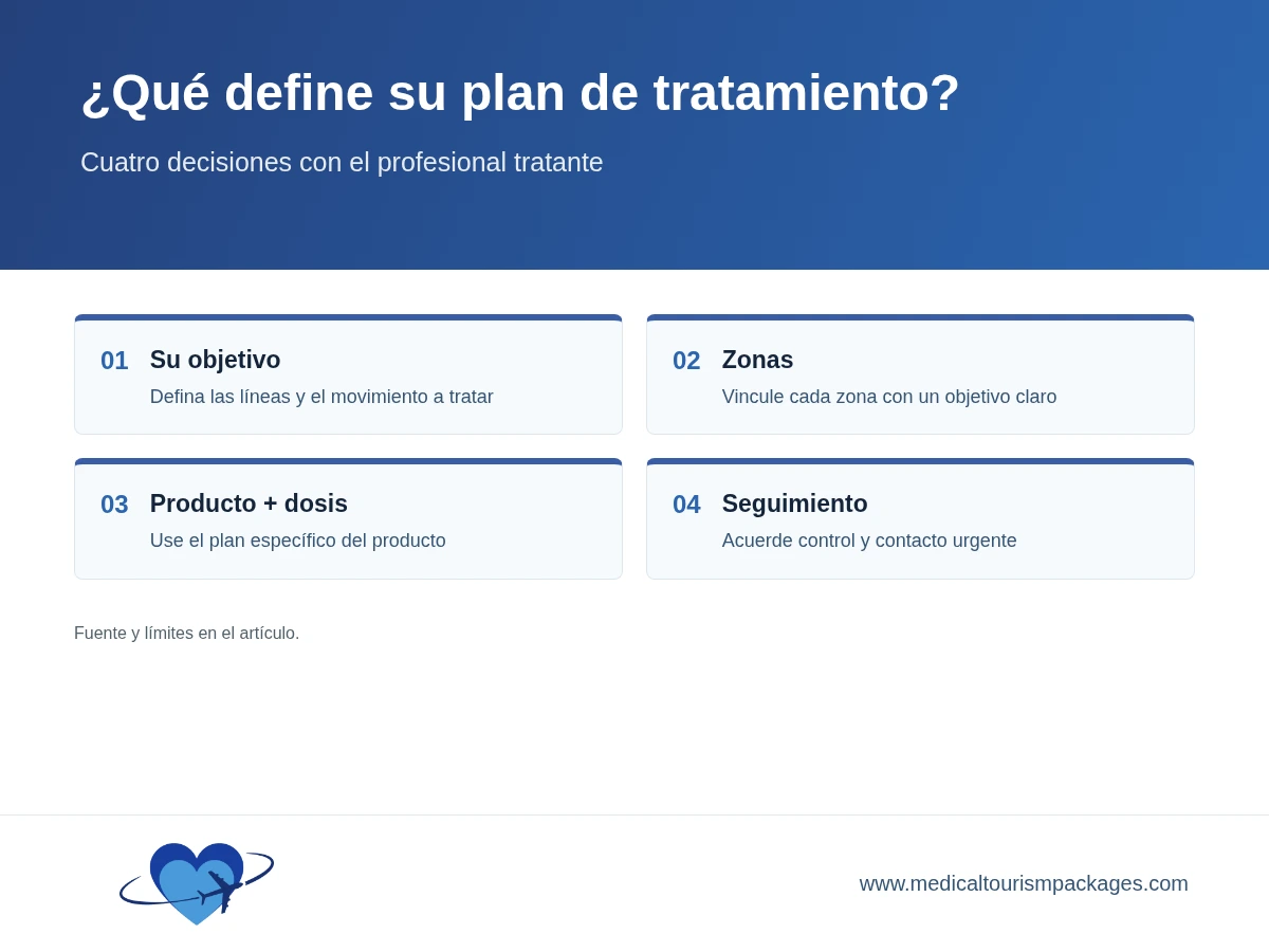 Cuatro opciones de consulta que determinan el plan de tratamiento cosmético con toxina botulínica.