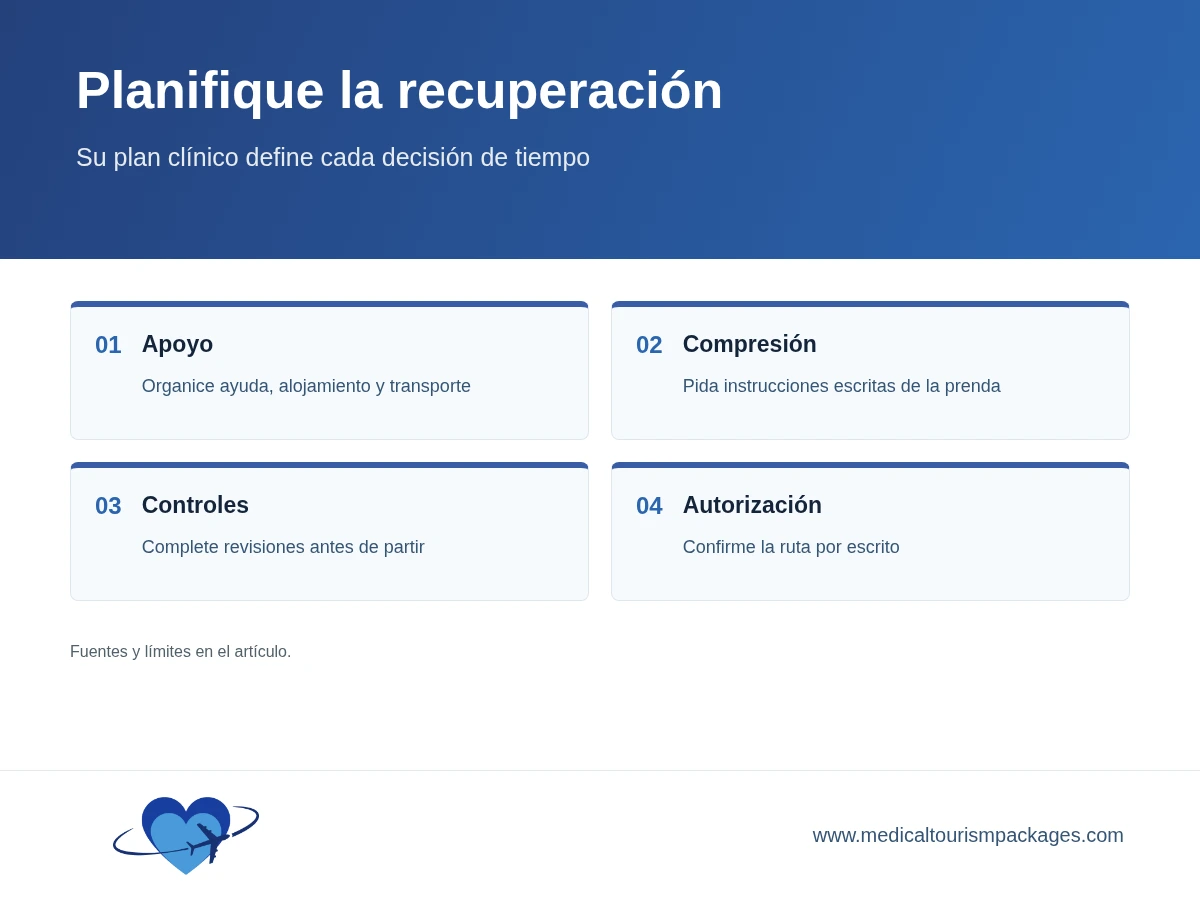 Plan de recuperación de la liposucción en cuatro etapas que abarca el apoyo, la compresión, el seguimiento y la autorización para volar.