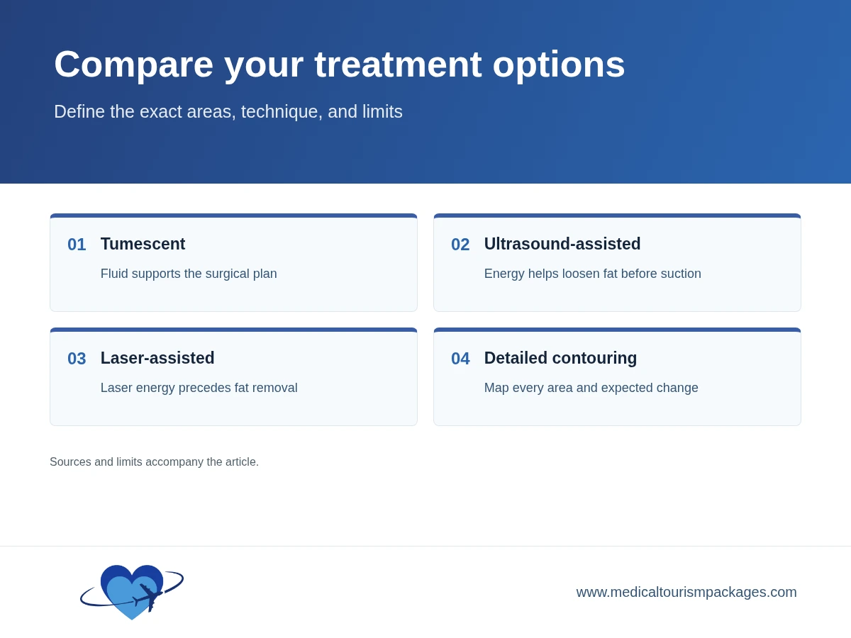 Four liposuction planning options: tumescent, ultrasound-assisted, laser-assisted, and detailed contouring.