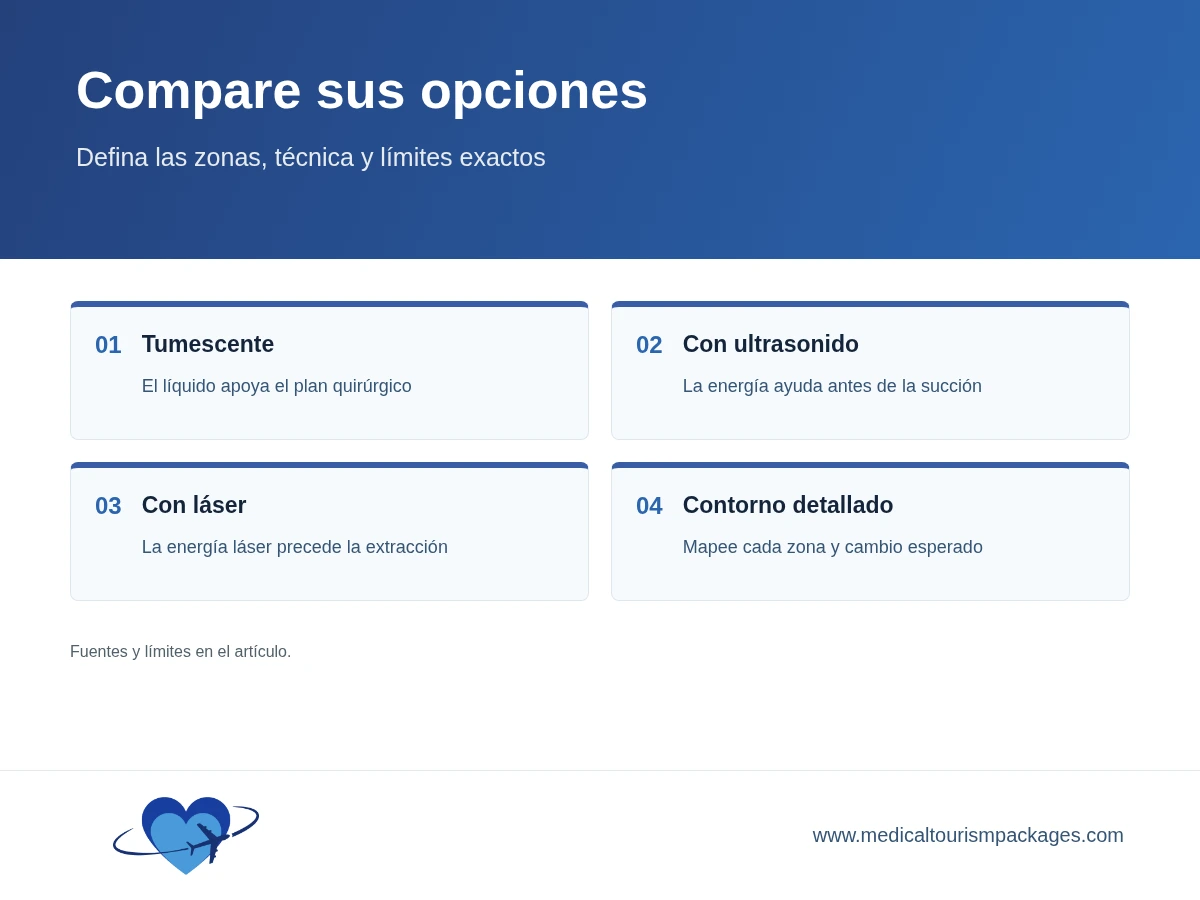 Cuatro opciones para planificar una liposucción: tumescente, asistida por ultrasonido, asistida por láser y de contorno detallado.