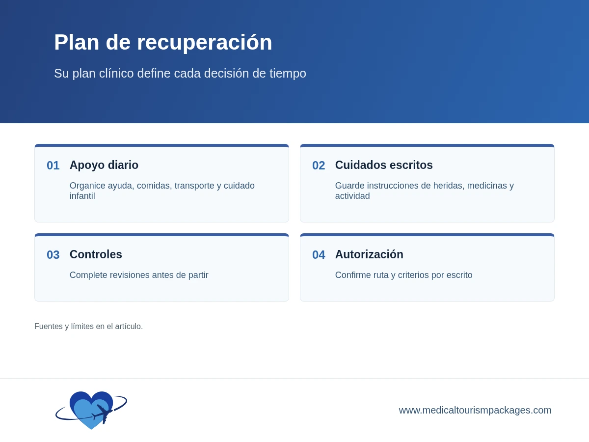 Plan de recuperación en cuatro partes con apoyo, cuidados, controles y autorización para volar.