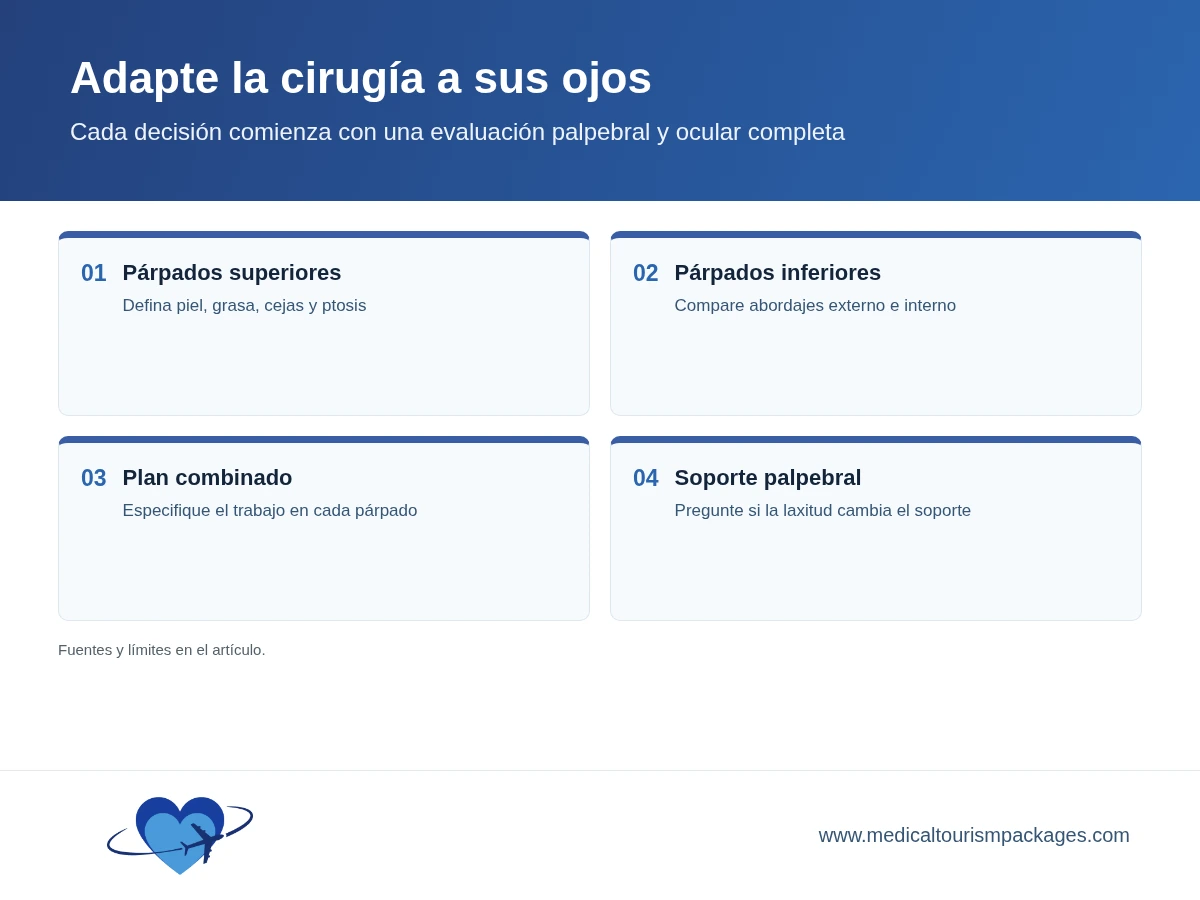Cuatro decisiones de blefaroplastia sobre párpado superior, inferior, cirugía combinada y soporte palpebral.