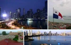 Collage of Panama City's skyline at night with the Panama flag waving over rooftops, showcasing an urban landscape intertwined with suburban areas. A visual journey into a vibrant city known not only for its beauty but also as a hub for medical tourism.