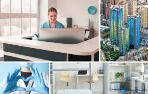 Collage showing a smiling medical receptionist, tall modern buildings, a doctor making a heart gesture, empty clinic chairs, and a tidy medical office—reflecting premium plastic surgery care from top plastic surgeons in Colombia.