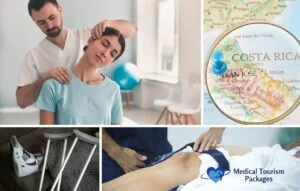 Un collage que muestra a un quiropráctico ajustando el cuello de una mujer, un mapa con un alfiler de Costa Rica, una pierna ortopédica con muletas y un tratamiento de rodilla con el logotipo de Medical Tourism Packages destaca a los mejores cirujanos ortopédicos de Costa Rica.