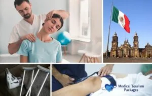 Un collage muestra fisioterapia, una mujer con un estiramiento de cuello, la bandera mexicana cerca de una catedral, muletas con una bota, un examen de rodilla y un logotipo que dice "Paquetes de Turismo Médico", destacando el Ahorro de Costos para Cirugía Ortopédica en México.