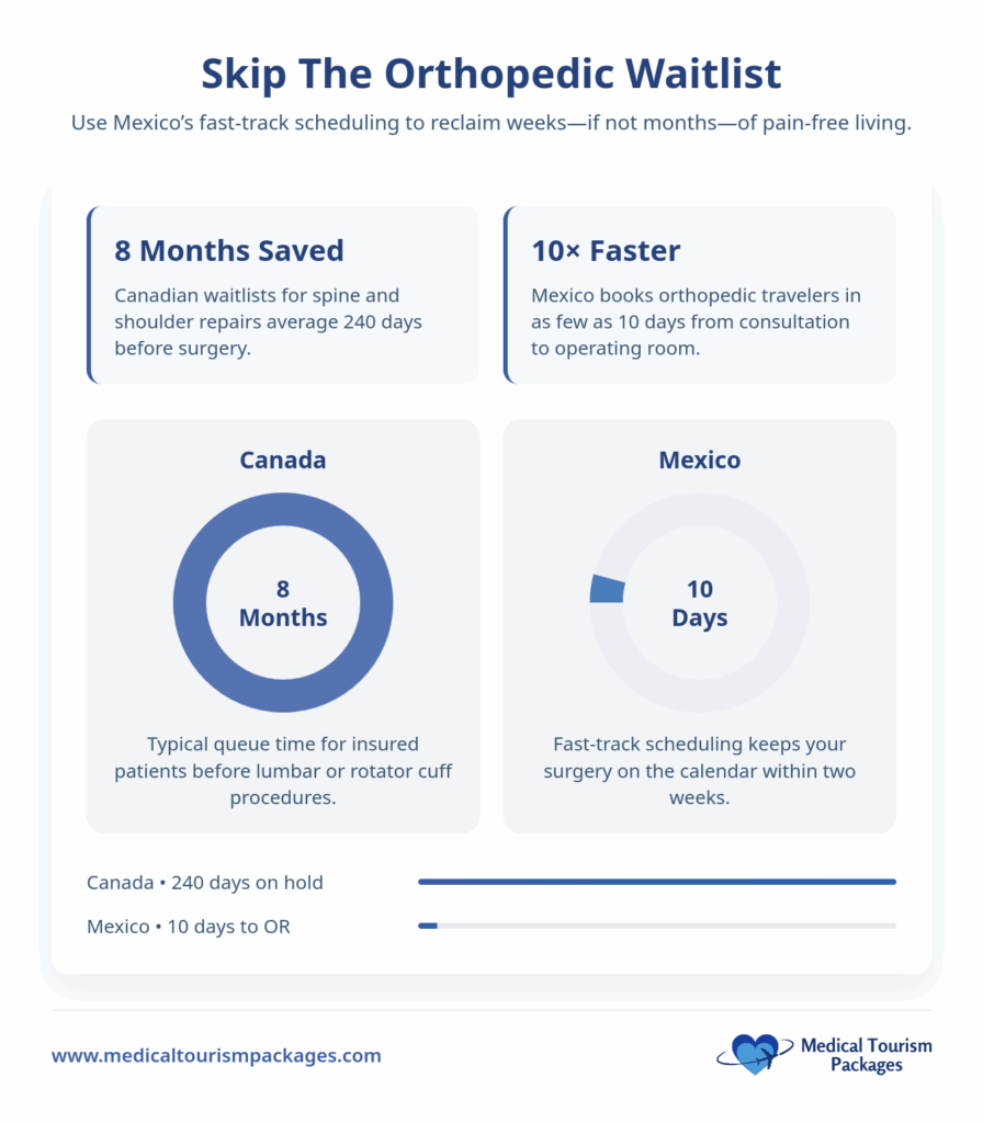 Infographic comparing orthopedic surgery wait times: Canada averages 8 months, while Orthopedic Surgery in Mexico offers procedures in 10 days with fast-track scheduling and significant cost savings.