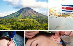 Un collage con el volcán Arenal, un mapa de Costa Rica y dos imágenes de intervenciones quirúrgicas en las orejas, como la otoplastia.