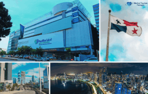 A collage showing Pacífica Salud Panama hospital, the Panama flag, city streets, and a nighttime skyline of Panama City—highlighting world-class healthcare for international patients.