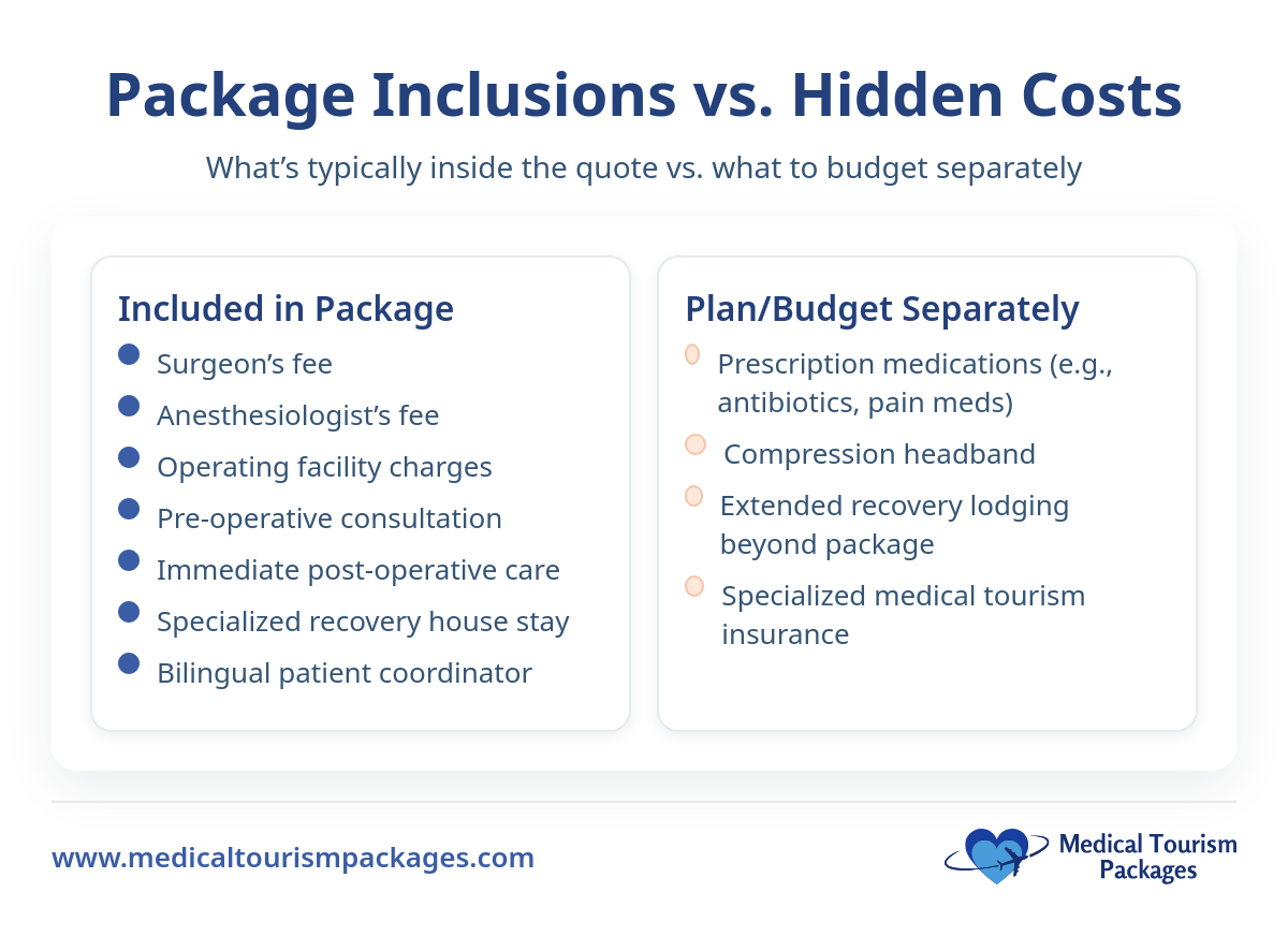 Infographic compares included and separate costs in medical tourism packages, highlighting otoplasty Costa Rica. A bar chart shows most items are included with otoplasty costs, while some require an itemized quote.