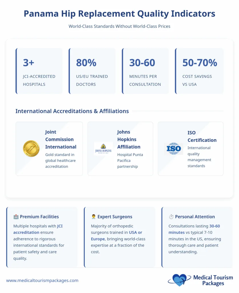 Infographic detailing Hip Replacement Surgery Panama quality indicators, including best hospitals, cost savings, consultation times, and international accreditations.