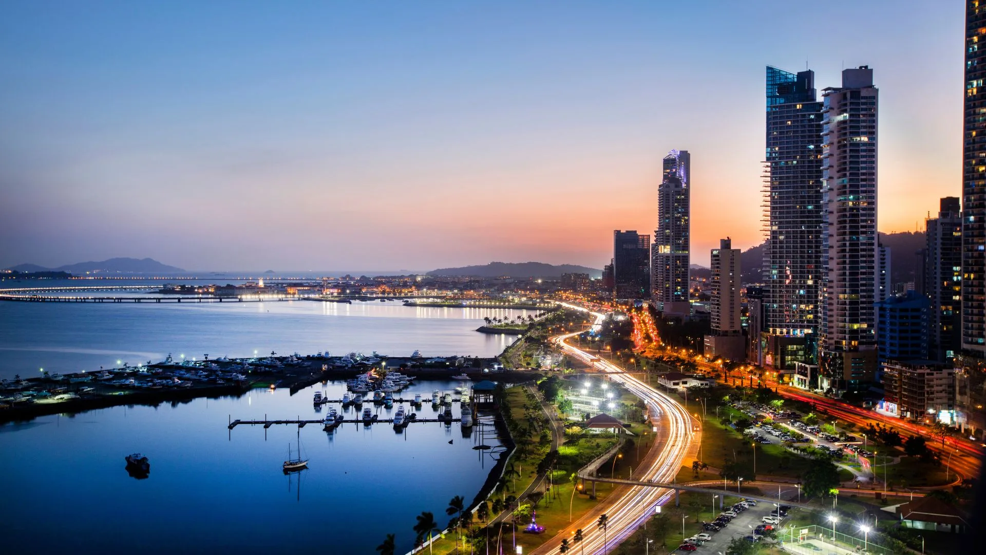 Panama City skyline with modern skyscrapers along the waterfront