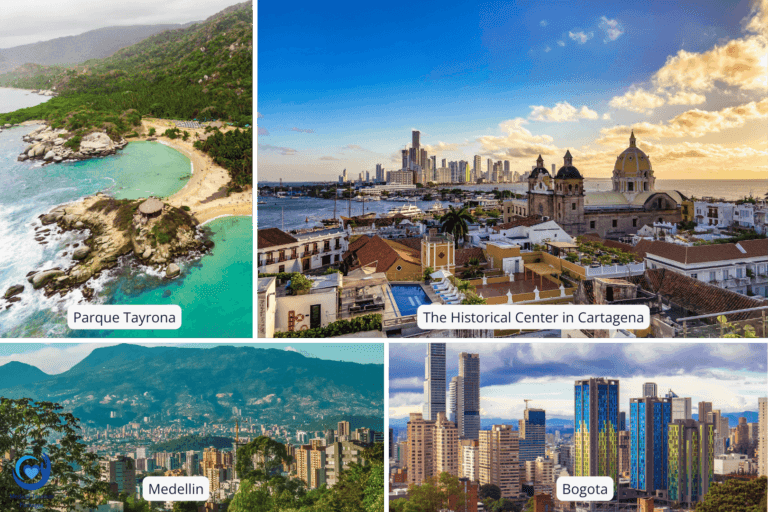 Explore the vibrant tapestry of Latin America with a collage of Colombian landscapes: Parque Tayrona beach, Cartagena's historical center, Medellin cityscape, and Bogota skyline, each inviting you on an unforgettable travel adventure.