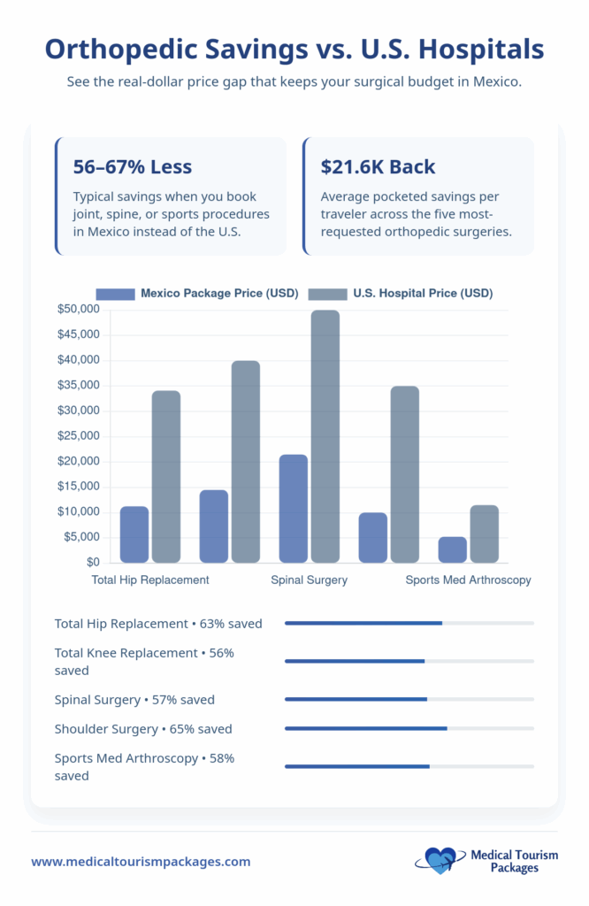 Bar chart compares Mexico and U.S. hospital prices for orthopedic surgery, highlighting 56–67% cost savings and 21.6K USD average cash back for hip replacement, spinal surgery, and knee arthroscopy in Mexico.
