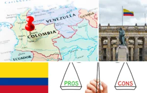 Un mapa de Colombia con un alfiler marca la vibrante nación, mientras que una bandera colombiana adorna un edificio. Las franjas amarilla, azul y roja ondean cerca. Una balanza destaca los pros y los contras del turismo médico en Colombia, invitando a los visitantes a explorar sus oportunidades y retos.