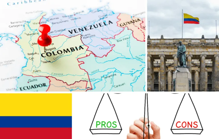 Un mapa de Colombia con un alfiler marca la vibrante nación, mientras que una bandera colombiana adorna un edificio. Las franjas amarilla, azul y roja ondean cerca. Una balanza destaca los pros y los contras del turismo médico en Colombia, invitando a los visitantes a explorar sus oportunidades y retos.