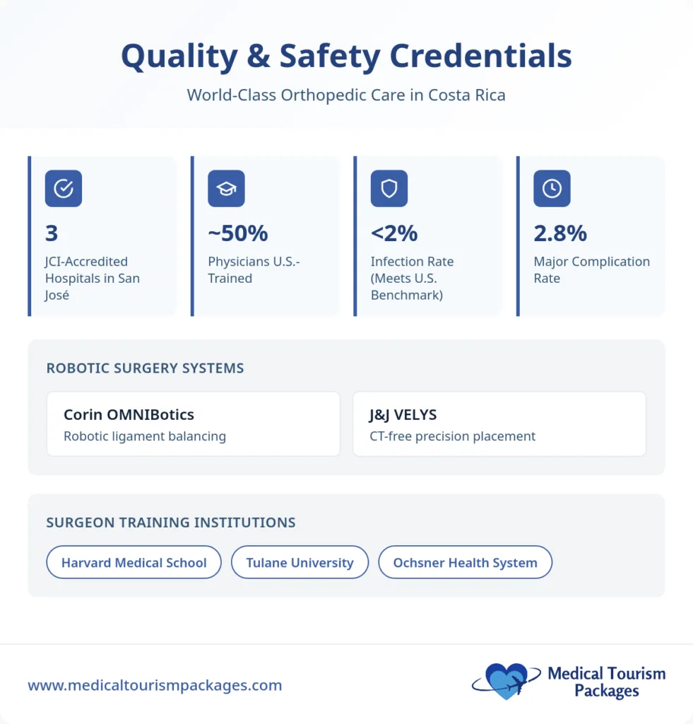 Infographic highlighting quality and safety credentials for orthopedic care in Costa Rica, including knee replacement surgery stats, infection and complication rates, advanced surgical systems, and surgeon training institutions.