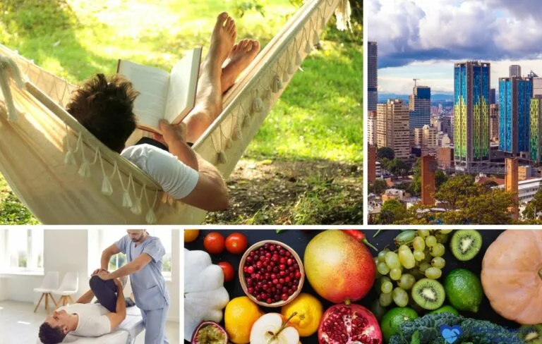 A collage depicting a journey of wellness: a person reading in a hammock embodies recovery, set against an urban cityscape. Fresh fruits and vegetables symbolize nutrition, while another enjoys the healing touch of a massage.