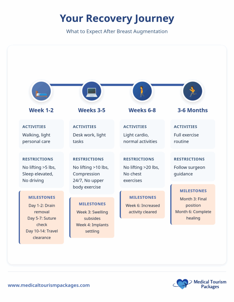 A recovery timeline chart after breast augmentation, listing weekly activities, restrictions, and milestones from week 1 through 3-6 months, plus insights on costs and trends in Latin America.