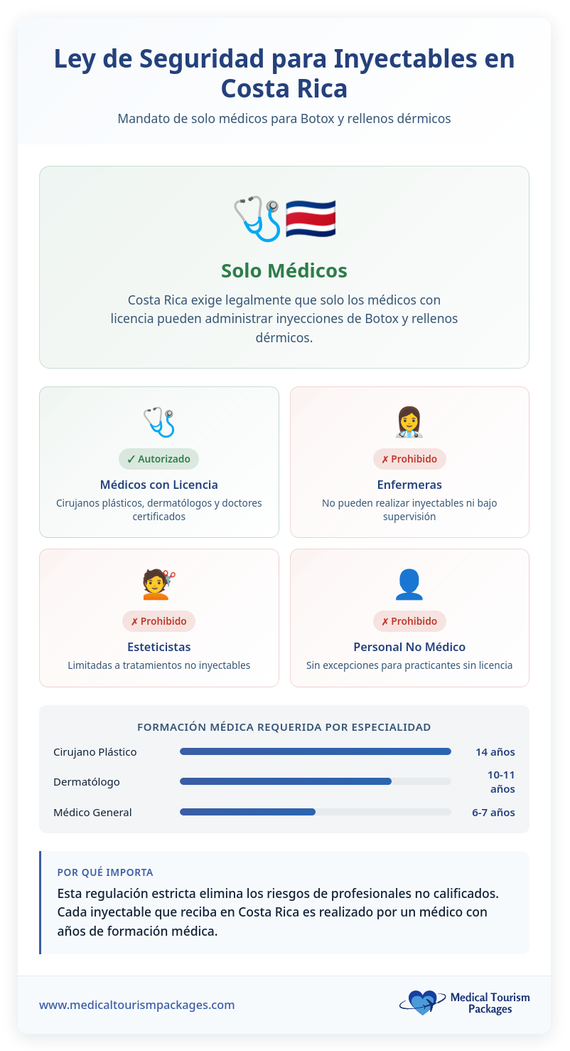 Infografía que explica la ley de Costa Rica que exige que solo los médicos con licencia puedan administrar Botox y rellenos dérmicos, con los años de formación indicados para cirujanos, dermatólogos y médicos generales especializados en procedimientos estéticos no quirúrgicos.