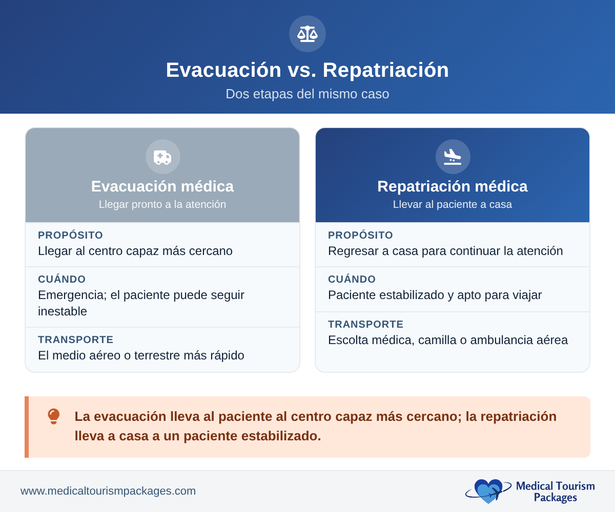 Side-by-side comparison of medical evacuation and medical repatriation, showing the purpose, trigger, and transport method for each.