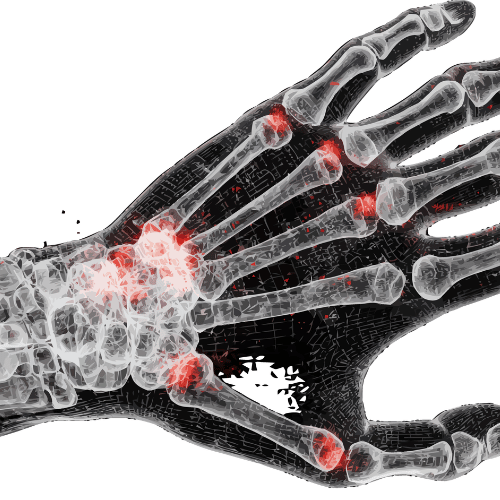 X-ray style illustration of a human hand showing bones with red highlights at several joints, suggesting areas of pain or inflammation, ideal for wellness travel or medical tourism resources in Latin America.