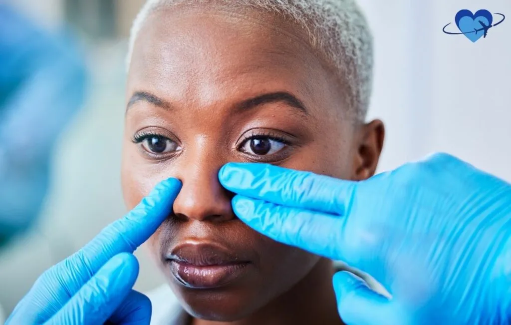 This image shows a Black woman with short hair receiving post-surgery care from a doctor with blue latex gloves, inspecting the results of her rhinoplasty (nose job) in Colombia. The scene highlights the importance of aftercare, ensuring that the nose heals properly after surgery. Rhinoplasty in Colombia offers highly skilled surgeons and excellent patient care, delivering both aesthetic and functional results with affordable pricing. The five key points of rhinoplasty results include improved appearance, enhanced breathing, better facial harmony, increased self-confidence, and long-lasting results.