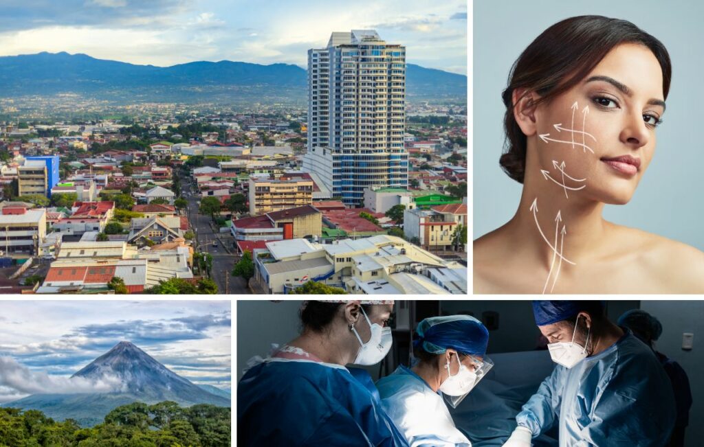 Collage showing a cityscape, a woman with facial contour lines, a volcano, and two images of surgeons performing surgery—reflecting the rise of medical tourists exploring facelift in Costa Rica.