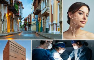 Collage showing a colorful street, a woman's face with cosmetic markings for facelift surgery, a modern building, and surgeons performing an operation.