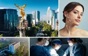 Collage que muestra el horizonte de la Ciudad de México, una mujer con marcas de lifting facial, un edificio hospitalario y cirujanos realizando una cirugía de ritidectomía a turistas médicos.