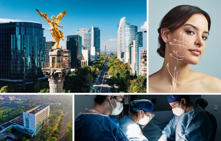 Collage showing Mexico City skyline, a woman with facial lift markings, a hospital building, and surgeons performing Rhytidectomy Surgery for medical tourists.