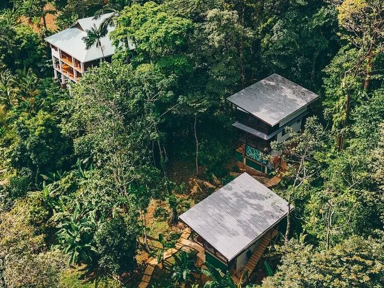 Vista aérea de tres modernas cabañas rodeadas de un denso y verde bosque tropical: un lugar ideal para retiros de yoga en Panamá y para quienes buscan una escapada de bienestar de lujo.