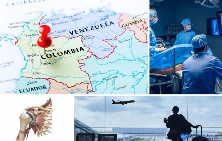 Mapa de Colombia con un marcador rojo, cirujanos realizando una cirugía del manguito rotador, un diagrama de la articulación del hombro y una persona en la ventanilla de un aeropuerto, destacando a Colombia como centro de turismo médico.