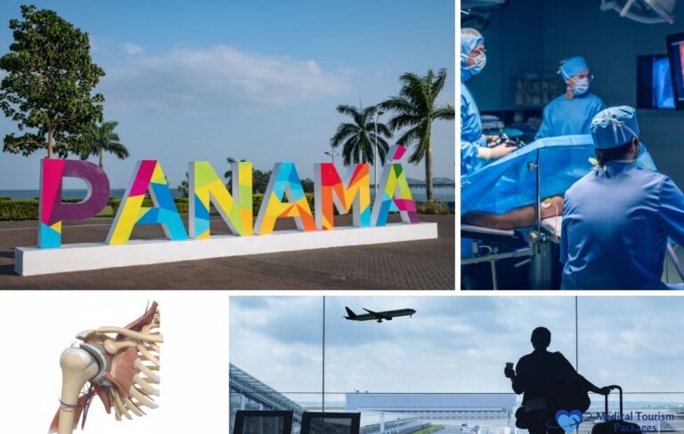 Collage que muestra un colorido letrero de Panamá, médicos realizando una cirugía del manguito rotador, un modelo de articulación de rodilla, un avión despegando y una persona sentada junto a la ventana de un aeropuerto, destacando los viajes y el costo de la atención médica en Panamá.