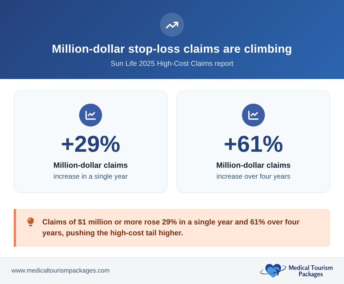 Two stat cards showing million-dollar stop-loss claims increased 29% in a single year and 61% over four years, per the Sun Life 2025 report