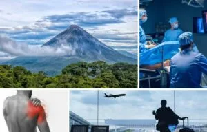Collage showing a volcano, surgeons operating, a person with shoulder pain, and a person in a wheelchair at an airport window with a plane outside, representing Medical Tourism for Shoulder Surgery in Costa Rica.