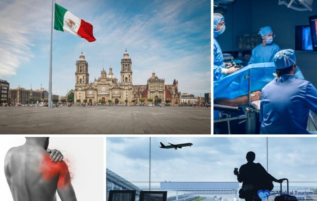 Un collage que muestra la bandera mexicana en una plaza, cirujanos en un quirófano, una persona con dolor de hombro y un viajero en un aeropuerto destaca la cirugía de hombro asequible y la atención especializada disponible en Shoulder Surgery Mexico.