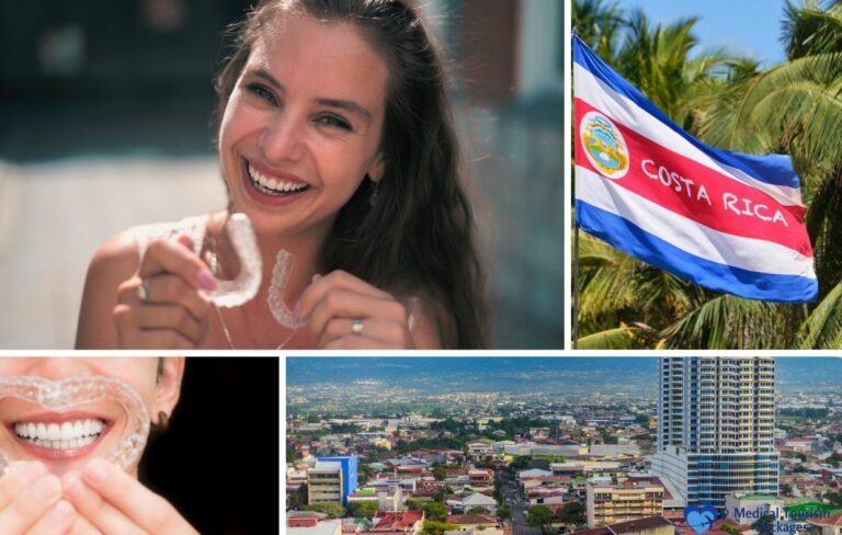 A woman smiling and holding clear aligners, the Costa Rica flag, a close-up of aligners with teeth, and cityscape views of a Costa Rican city.