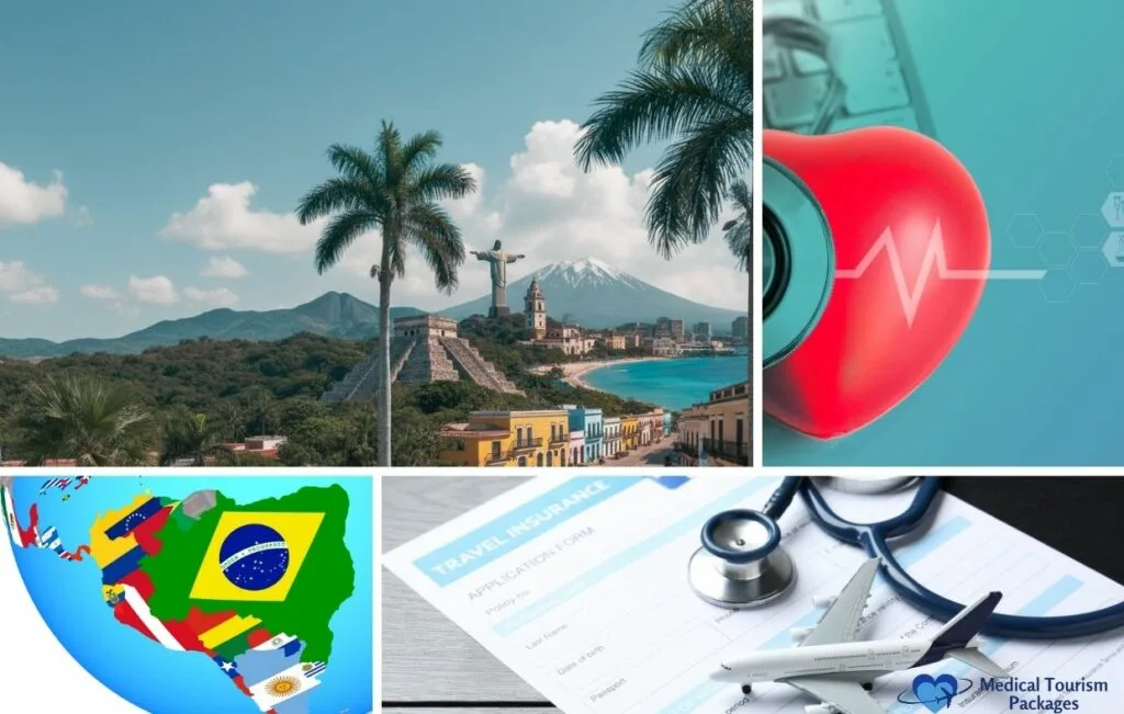 Collage que muestra lugares emblemáticos de Brasil, un corazón con símbolos médicos, un globo terráqueo en el que se destaca Brasil, y documentos de seguro de viaje con un estetoscopio y un modelo de avión, que reflejan el turismo médico en Sudamérica y los mejores países para una atención asequible.