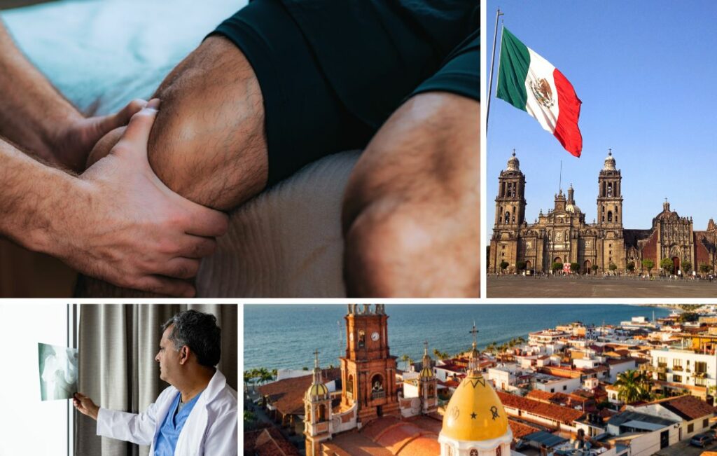 Un collage con un examen de rodilla, un médico revisando una radiografía, la bandera mexicana ante un edificio histórico y una vista aérea de una ciudad costera con una iglesia prominente destaca la medicina deportiva y las opciones de tratamiento en Costa Rica.