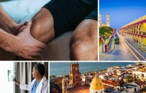 A collage showing a person holding their knee, a street scene with historic buildings, a doctor viewing an X-ray, and an aerial view of a coastal city with a domed church highlights Sports Medicine Mexico and top Treatment Centers.